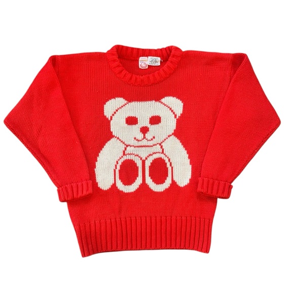 Vintage Sweaters - Vintage 80s 90s Red Knit Crewneck Teddy Bear Print Pullover Sweater Size Small